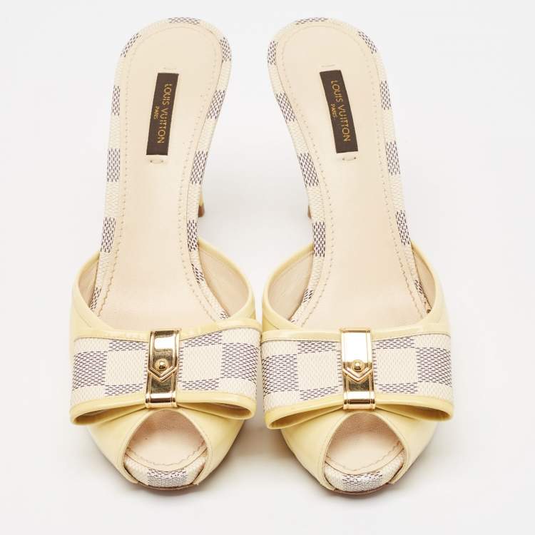 Pre Owned Louis Vuitton Cream Patent Leather Azur Damier Canvas Sandals Size 38.5