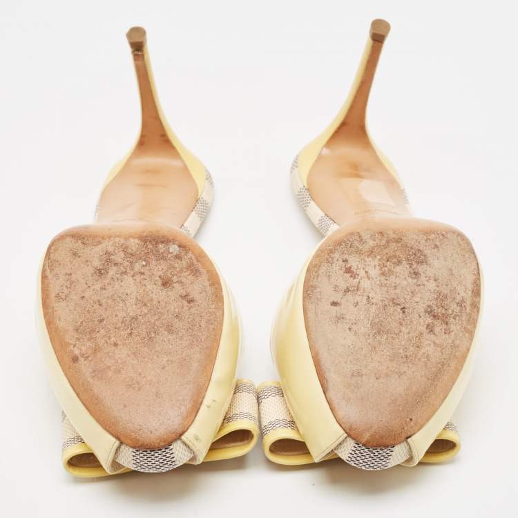 Pre Owned Louis Vuitton Cream Patent Leather Azur Damier Canvas Sandals Size 38.5