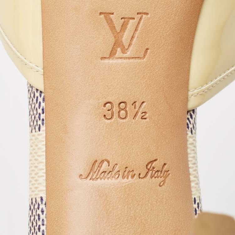 Pre Owned Louis Vuitton Cream Patent Leather Azur Damier Canvas Sandals Size 38.5