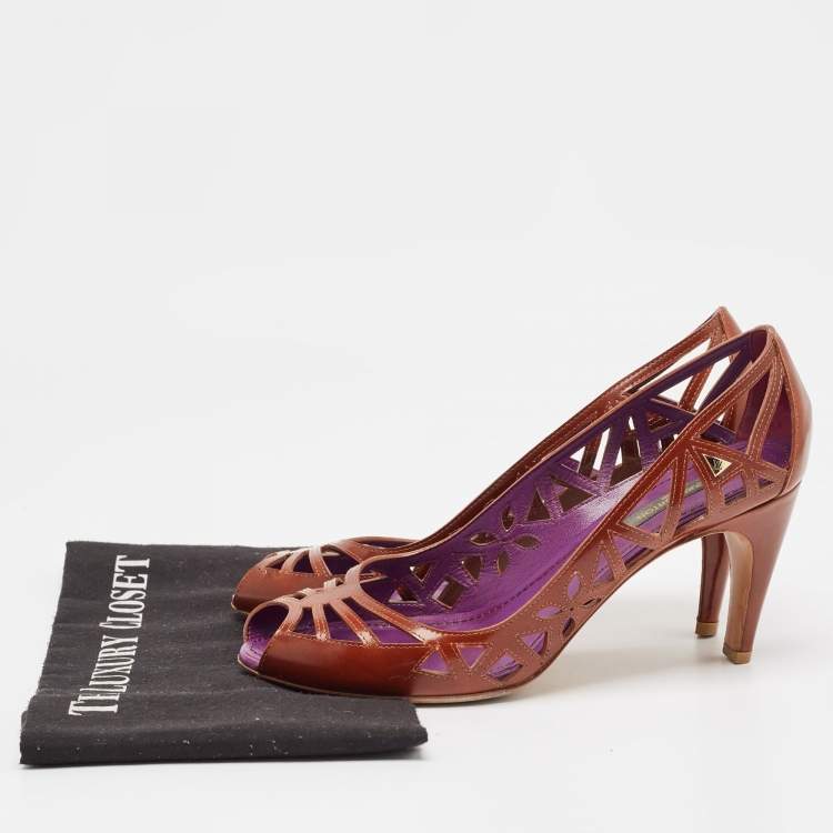 Pre Owned Louis Vuitton Brown Leather Cutout Peep Toe Pumps Size 38.5