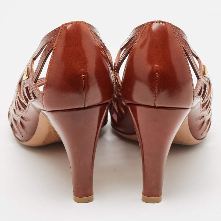 Pre Owned Louis Vuitton Brown Leather Cutout Peep Toe Pumps Size 38.5