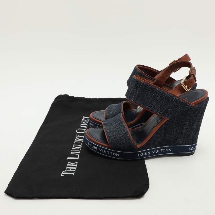 Pre Owned Louis Vuitton Blue Denim Wedge Ankle Strap Sandals Size 39