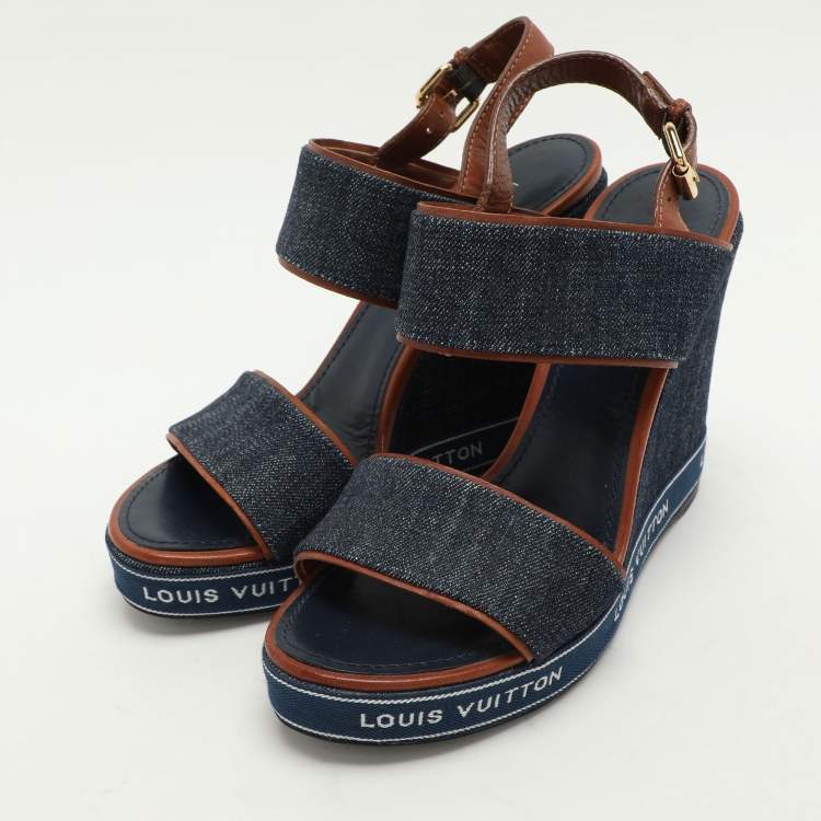 Pre Owned Louis Vuitton Blue Denim Wedge Ankle Strap Sandals Size 39