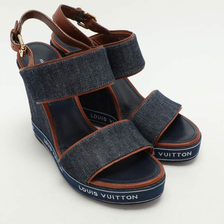 Pre Owned Louis Vuitton Blue Denim Wedge Ankle Strap Sandals Size 39