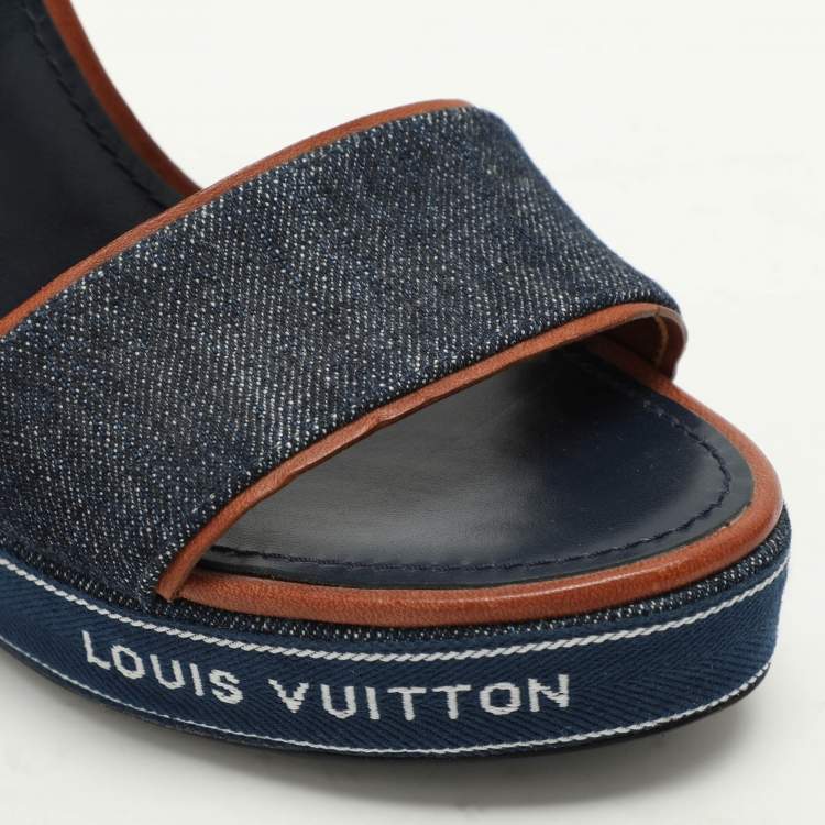 Pre Owned Louis Vuitton Blue Denim Wedge Ankle Strap Sandals Size 39