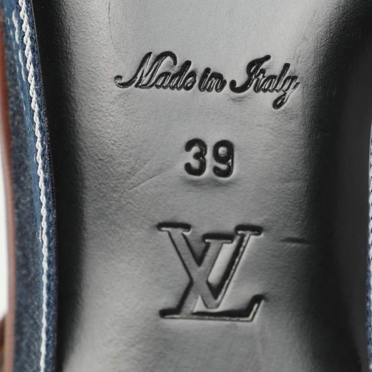 Pre Owned Louis Vuitton Blue Denim Wedge Ankle Strap Sandals Size 39