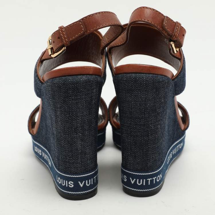 Pre Owned Louis Vuitton Blue Denim Wedge Ankle Strap Sandals Size 39