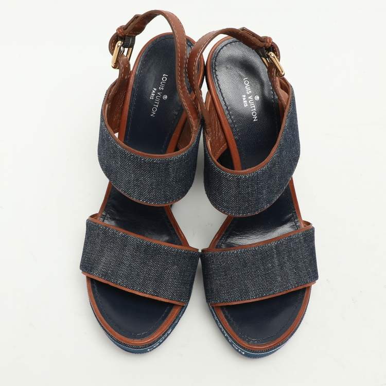 Pre Owned Louis Vuitton Blue Denim Wedge Ankle Strap Sandals Size 39