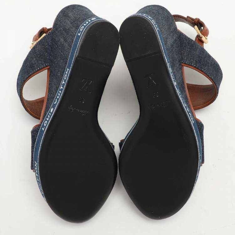 Pre Owned Louis Vuitton Blue Denim Wedge Ankle Strap Sandals Size 39