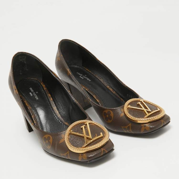 Pre Owned Louis Vuitton Brown Canvas Madeleine Block Heel Pumps Size 36.5