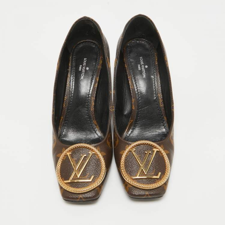 Pre Owned Louis Vuitton Brown Canvas Madeleine Block Heel Pumps Size 36.5