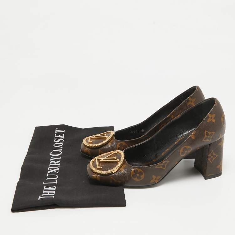 Pre Owned Louis Vuitton Brown Canvas Madeleine Block Heel Pumps Size 36.5