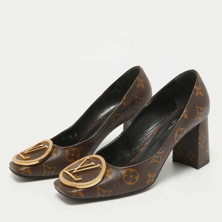 Pre Owned Louis Vuitton Brown Canvas Madeleine Block Heel Pumps Size 36.5