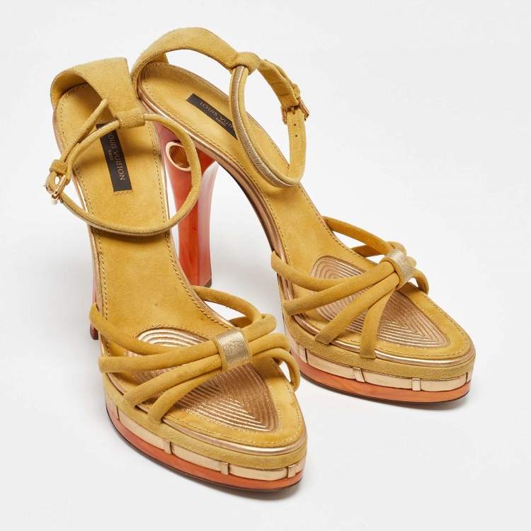 Pre Owned Louis Vuitton Yellow Suede Cleo Pompeii Platform Ankle Strap Sandals Size 40