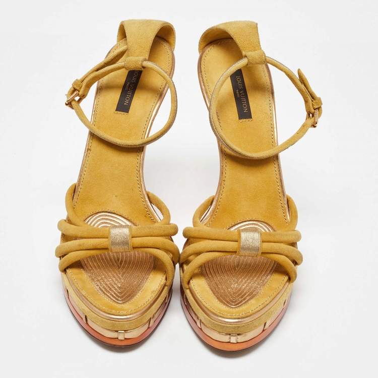 Pre Owned Louis Vuitton Yellow Suede Cleo Pompeii Platform Ankle Strap Sandals Size 40