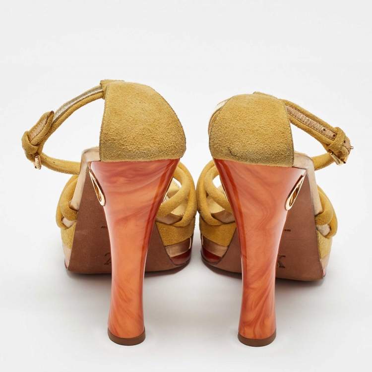 Pre Owned Louis Vuitton Yellow Suede Cleo Pompeii Platform Ankle Strap Sandals Size 40