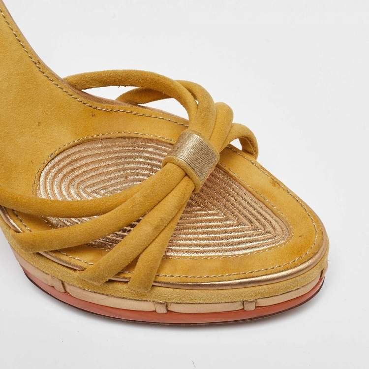 Pre Owned Louis Vuitton Yellow Suede Cleo Pompeii Platform Ankle Strap Sandals Size 40