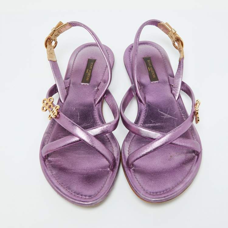 Pre Owned Louis Vuitton Metallic Purple Leather Flat Sandals Size 37.5