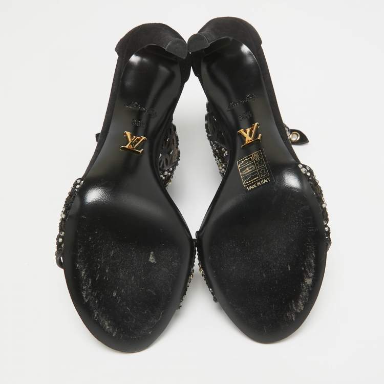 Pre Owned Louis Vuitton Black Suede Crystal Embellished Ankle Strap Sandals Size 38.5