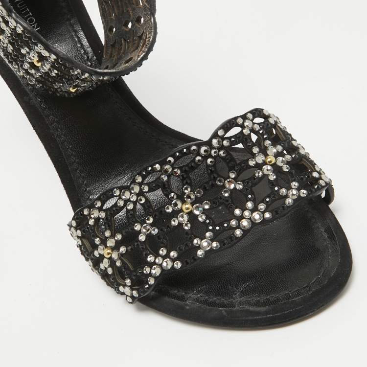 Pre Owned Louis Vuitton Black Suede Crystal Embellished Ankle Strap Sandals Size 38.5