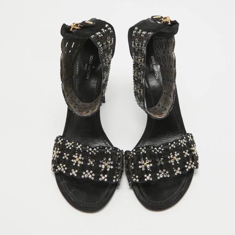 Pre Owned Louis Vuitton Black Suede Crystal Embellished Ankle Strap Sandals Size 38.5