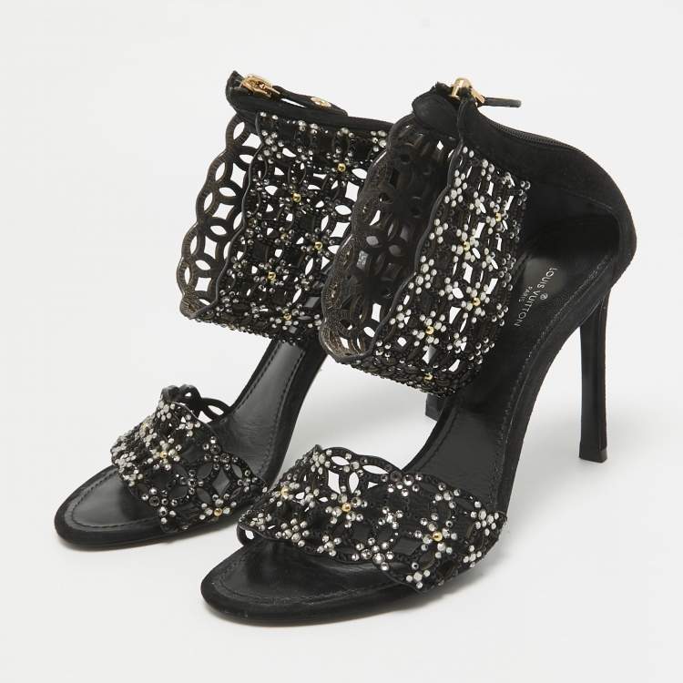 Pre Owned Louis Vuitton Black Suede Crystal Embellished Ankle Strap Sandals Size 38.5