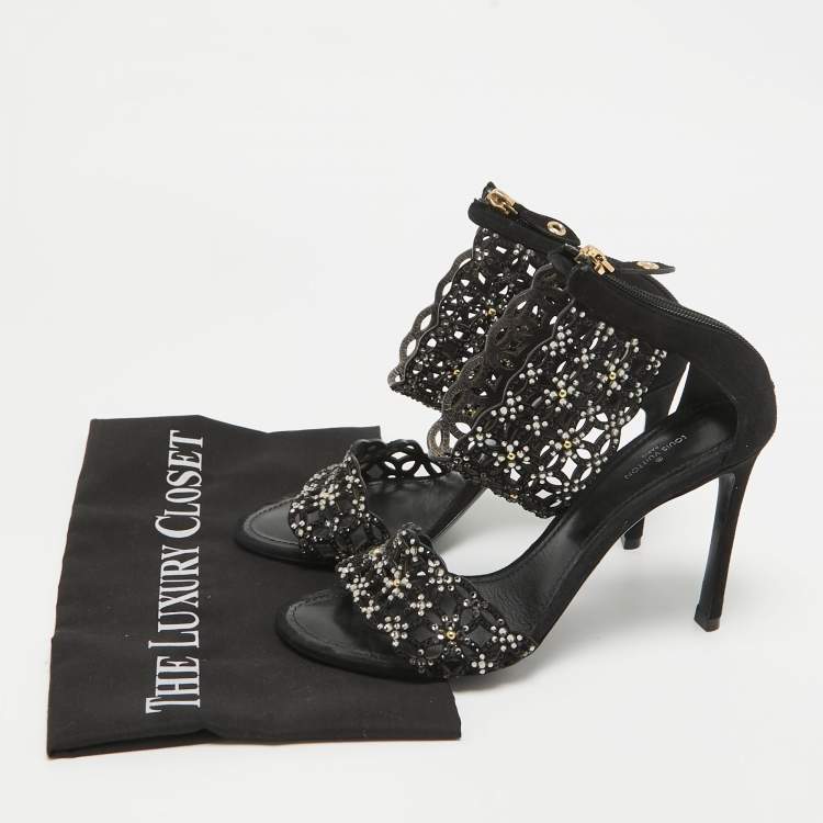 Pre Owned Louis Vuitton Black Suede Crystal Embellished Ankle Strap Sandals Size 38.5