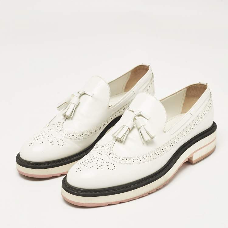 Pre Owned Louis Vuitton White Leather Tassel Brogue Slip On Loafers Size 37.5