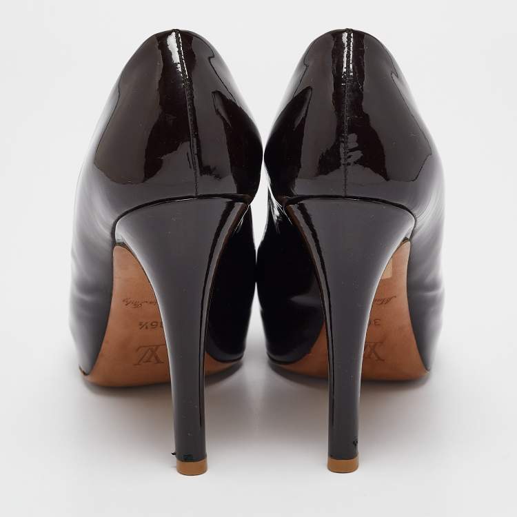 Pre Owned Louis Vuitton Dark Brown Patent Leather Peep Toe Pumps Size 36.5