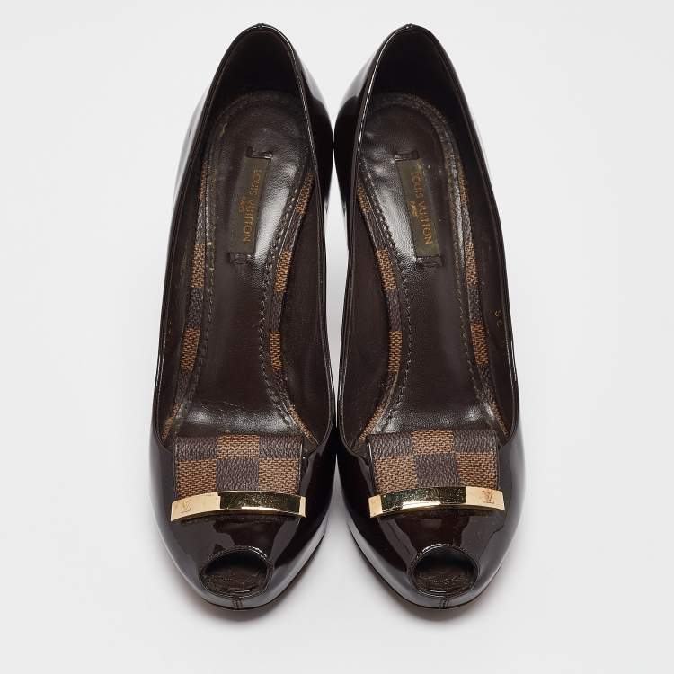 Pre Owned Louis Vuitton Dark Brown Patent Leather Peep Toe Pumps Size 36.5