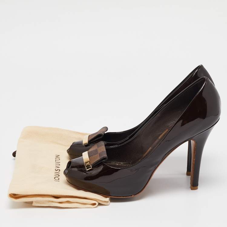 Pre Owned Louis Vuitton Dark Brown Patent Leather Peep Toe Pumps Size 36.5