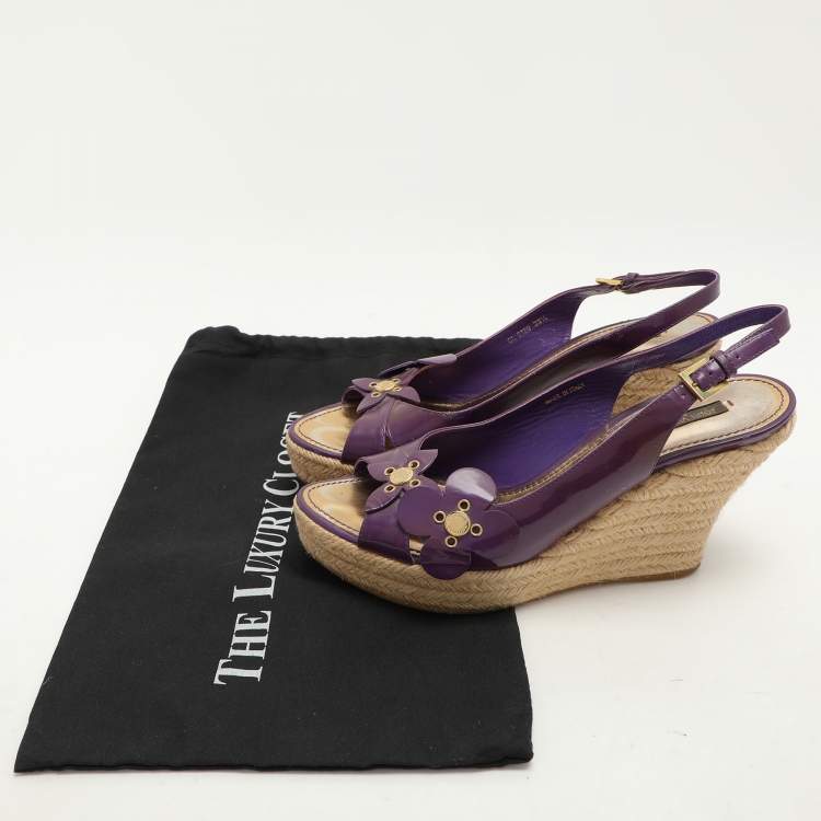 Pre Owned Louis Vuitton Pink Patent Floral Applique Wedge Espadrille Slingback Sandals Size 39.5