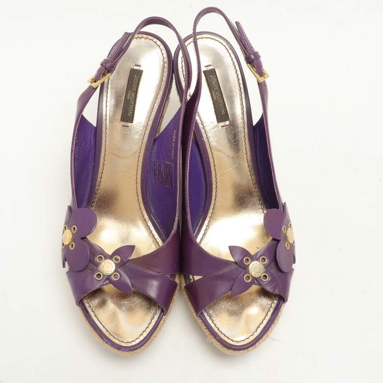Pre Owned Louis Vuitton Pink Patent Floral Applique Wedge Espadrille Slingback Sandals Size 39.5