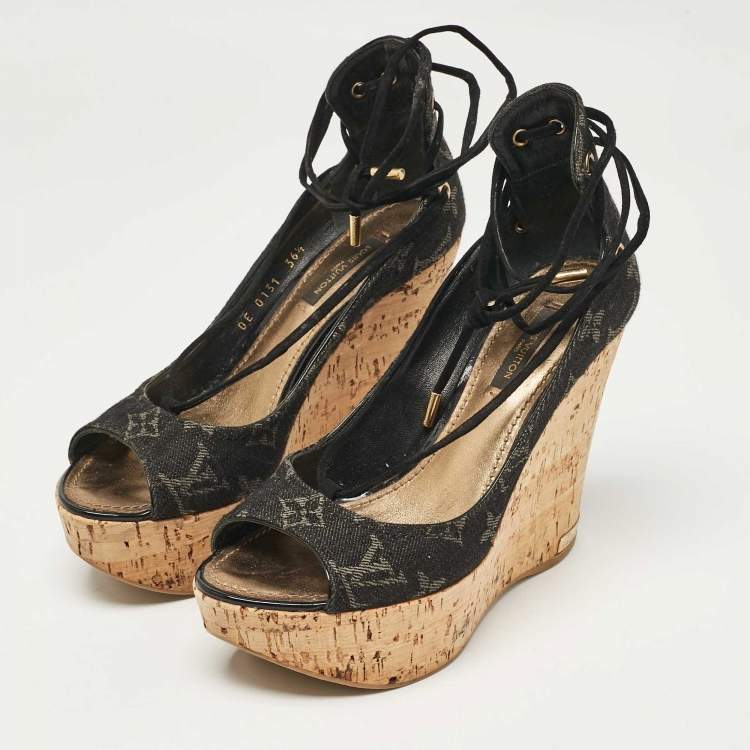Pre Owned Louis Vuitton Black Monogram Denim Wedge Platform Ankle Wrap Pumps Size 36.5