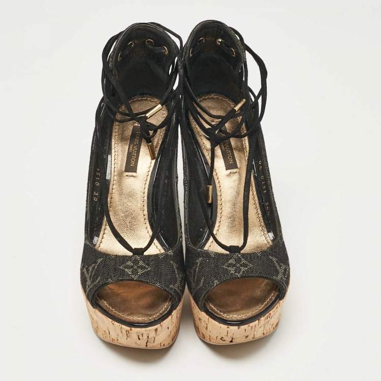 Pre Owned Louis Vuitton Black Monogram Denim Wedge Platform Ankle Wrap Pumps Size 36.5