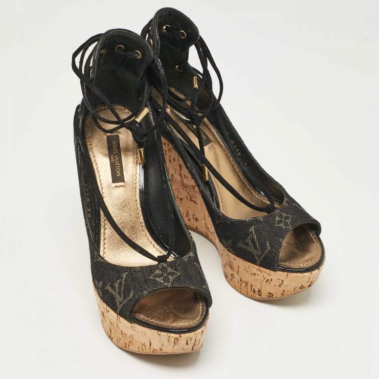 Pre Owned Louis Vuitton Black Monogram Denim Wedge Platform Ankle Wrap Pumps Size 36.5