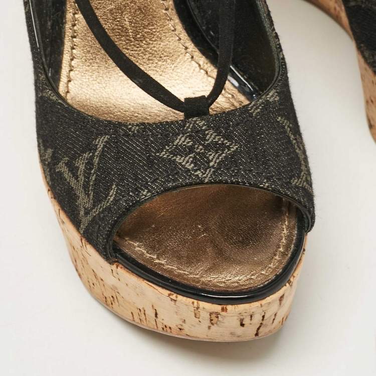 Pre Owned Louis Vuitton Black Monogram Denim Wedge Platform Ankle Wrap Pumps Size 36.5