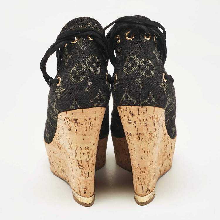 Pre Owned Louis Vuitton Black Monogram Denim Wedge Platform Ankle Wrap Pumps Size 36.5