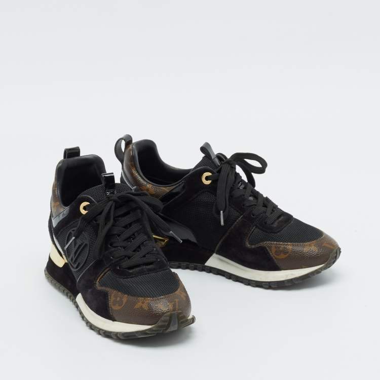 Pre Owned Louis Vuitton Black/Brown Mesh and Monogram Canvas Run Away Sneakers Size 36