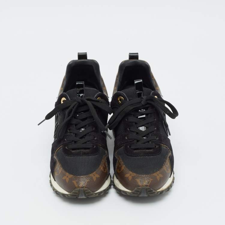 Pre Owned Louis Vuitton Black/Brown Mesh and Monogram Canvas Run Away Sneakers Size 36