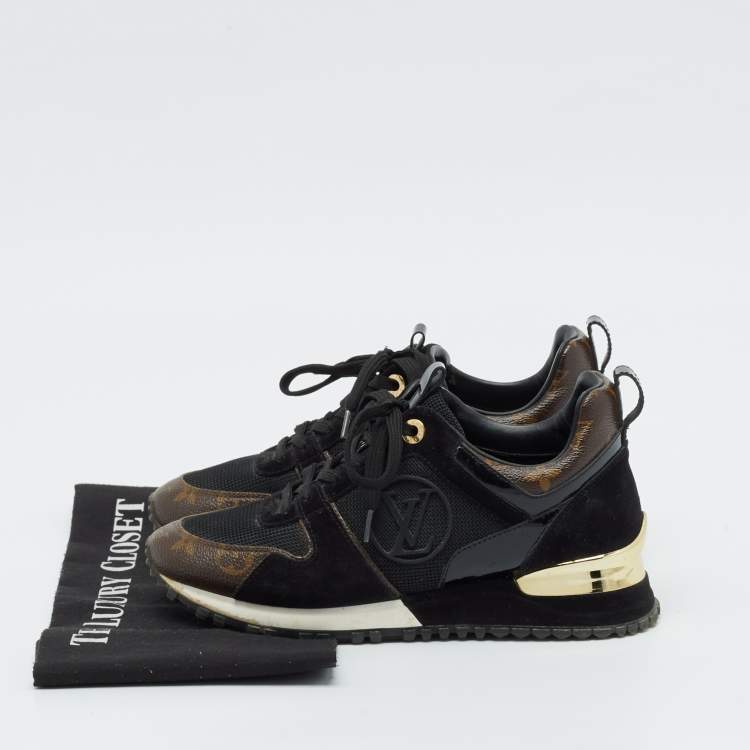 Pre Owned Louis Vuitton Black/Brown Mesh and Monogram Canvas Run Away Sneakers Size 36