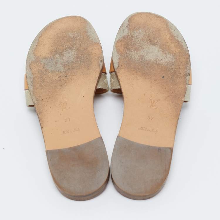 Pre Owned Louis Vuitton Brown/Beige Fabric and Leather Lock It Flat Sandals Size 37