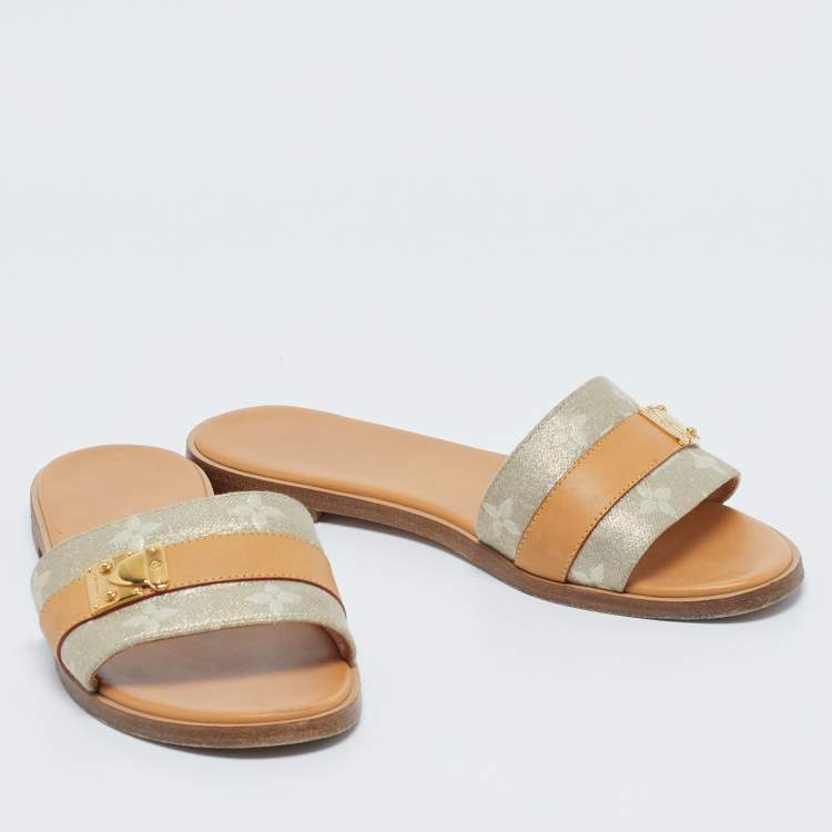 Pre Owned Louis Vuitton Brown/Beige Fabric and Leather Lock It Flat Sandals Size 37