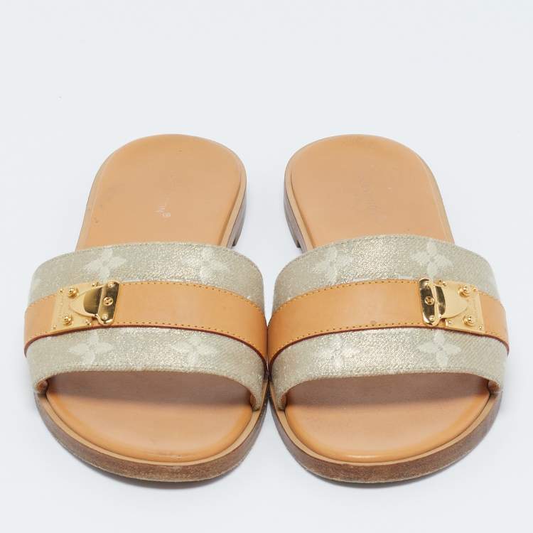 Pre Owned Louis Vuitton Brown/Beige Fabric and Leather Lock It Flat Sandals Size 37