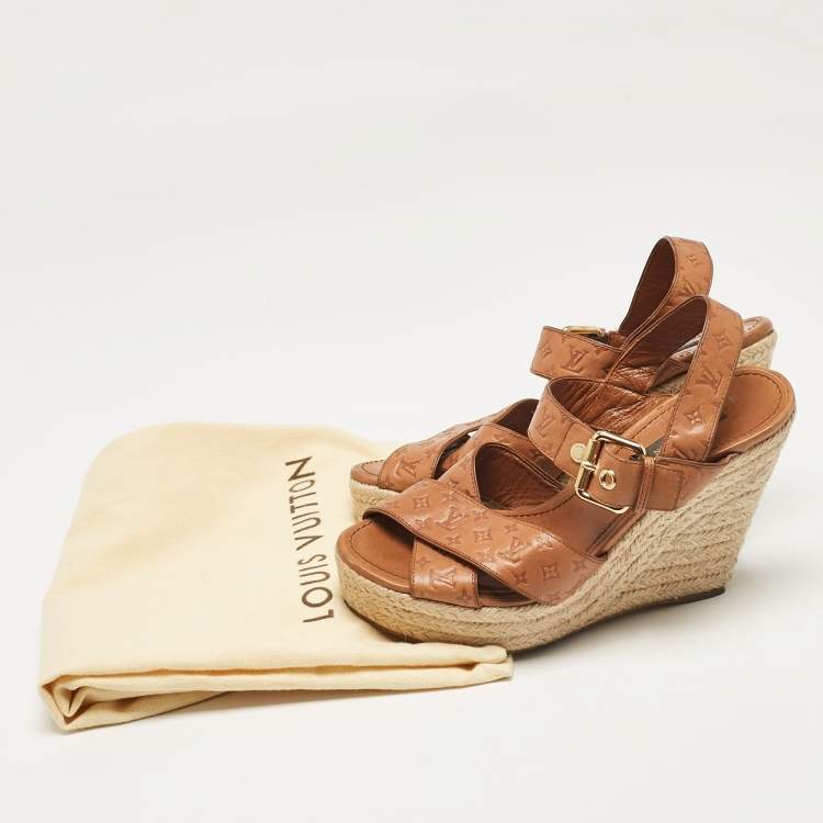 Pre Owned Louis Vuitton Tan Monogram Embossed Leather Espadrille Wedge Sandals Size 37