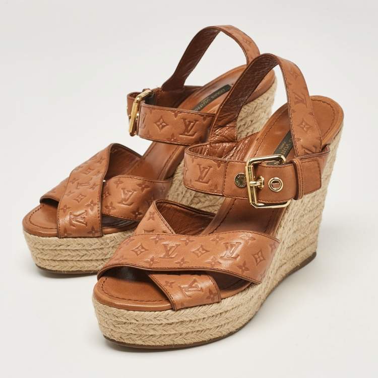 Pre Owned Louis Vuitton Tan Monogram Embossed Leather Espadrille Wedge Sandals Size 37