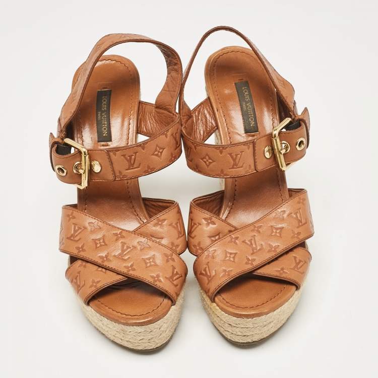 Pre Owned Louis Vuitton Tan Monogram Embossed Leather Espadrille Wedge Sandals Size 37