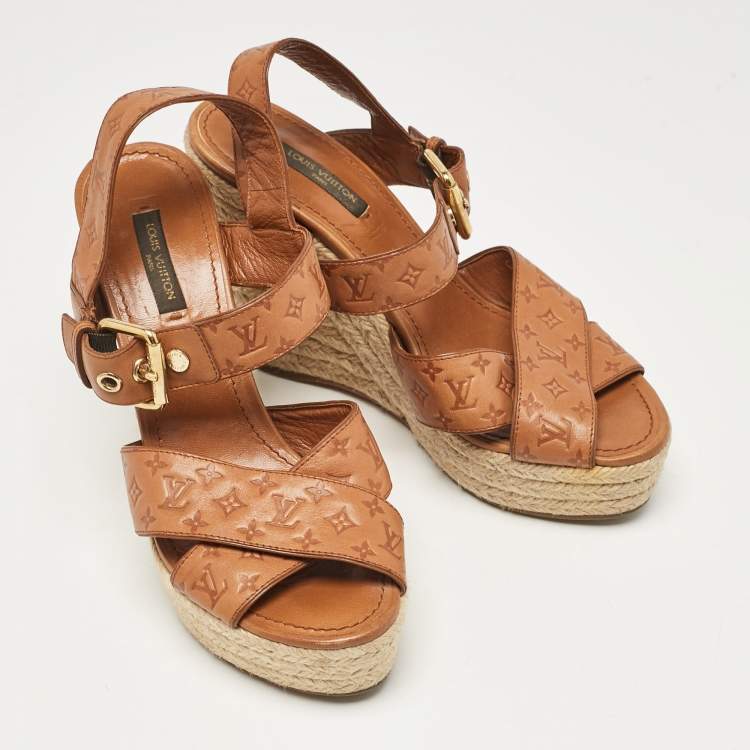 Pre Owned Louis Vuitton Tan Monogram Embossed Leather Espadrille Wedge Sandals Size 37