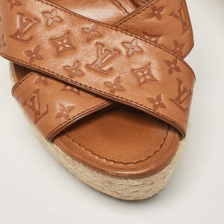 Pre Owned Louis Vuitton Tan Monogram Embossed Leather Espadrille Wedge Sandals Size 37