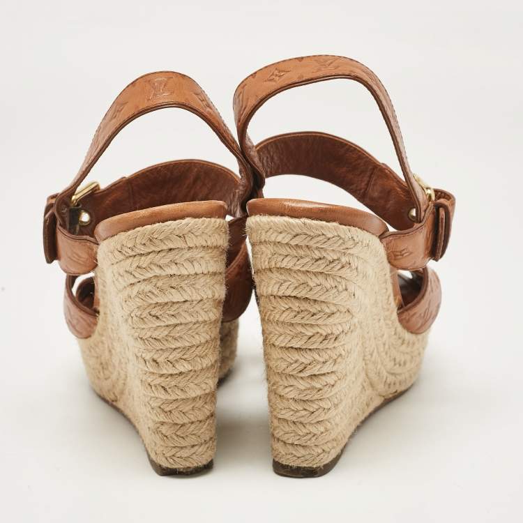 Pre Owned Louis Vuitton Tan Monogram Embossed Leather Espadrille Wedge Sandals Size 37